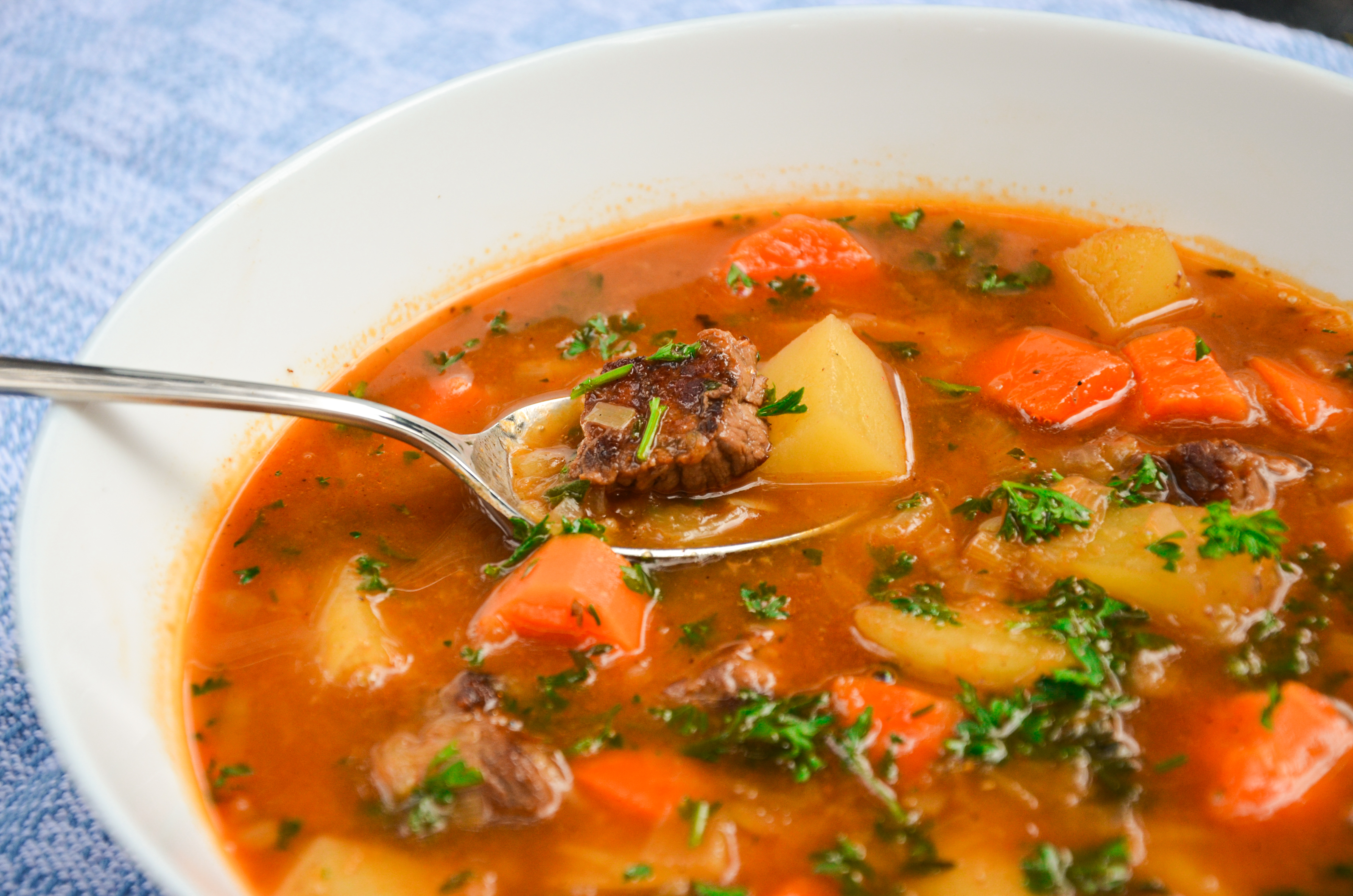 A white bowl of beef stew with a spoon